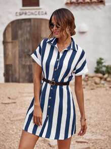 SHEIN LUNE Đầm Nút phía trước Khối Màu Sọc Giải trí - Xanh và trắng - Xem 4