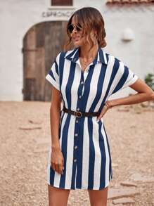 SHEIN LUNE Đầm Nút phía trước Khối Màu Sọc Giải trí - Xanh và trắng - Xem 5