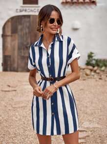 SHEIN LUNE Đầm Nút phía trước Khối Màu Sọc Giải trí - Xanh và trắng - Xem 6