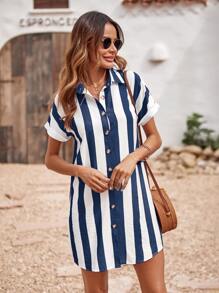 SHEIN LUNE Đầm Nút phía trước Khối Màu Sọc Giải trí - Xanh và trắng - Xem 8