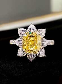 1 pieza Anillo de circonita cúbica amarilla glamurosa para mujer, regalo de San Valentín, joyería de boda - Amarillo - Ver 2