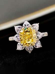 1 pieza Anillo de circonita cúbica amarilla glamurosa para mujer, regalo de San Valentín, joyería de boda - Amarillo - Ver 3