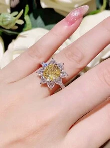 1 pieza Anillo de circonita cúbica amarilla glamurosa para mujer, regalo de San Valentín, joyería de boda - Amarillo - Ver 6