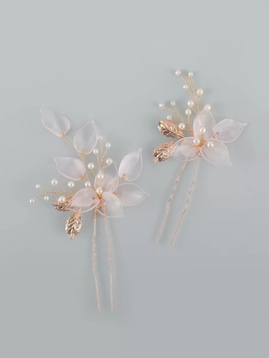 2pcs Women's Pink Flower Gold Leaf Faux Pearl Hairpin Headdress Can Be Worn In Daily Weddings Boho Valentine's Day - Gold - View 1