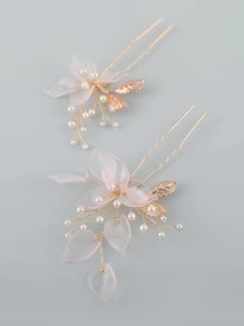 2pcs Women's Pink Flower Gold Leaf Faux Pearl Hairpin Headdress Can Be Worn In Daily Weddings Boho Valentine's Day - Gold - View 2