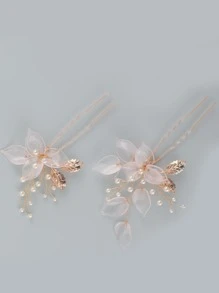2pcs Women's Pink Flower Gold Leaf Faux Pearl Hairpin Headdress Can Be Worn In Daily Weddings Boho Valentine's Day - Gold - View 3