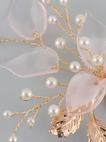2pcs Women's Pink Flower Gold Leaf Faux Pearl Hairpin Headdress Can Be Worn In Daily Weddings Boho Valentine's Day - Gold - View 4