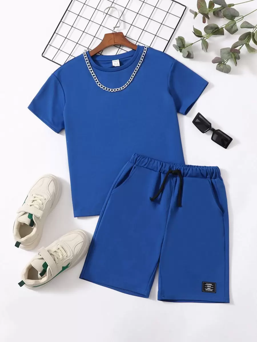 SHEIN Tween Boy Drop Shoulder Tee & Drawstring Waist Shorts With Chain Necklace - Blue - View 1