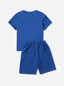 SHEIN Tween Boy Drop Shoulder Tee & Drawstring Waist Shorts With Chain Necklace - Blue - View 2