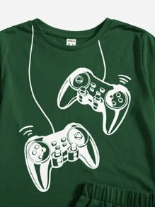 SHEIN Camiseta Tween Para Menino Com Estampa De Gamepad & Shorts Com Gráfico De Letras