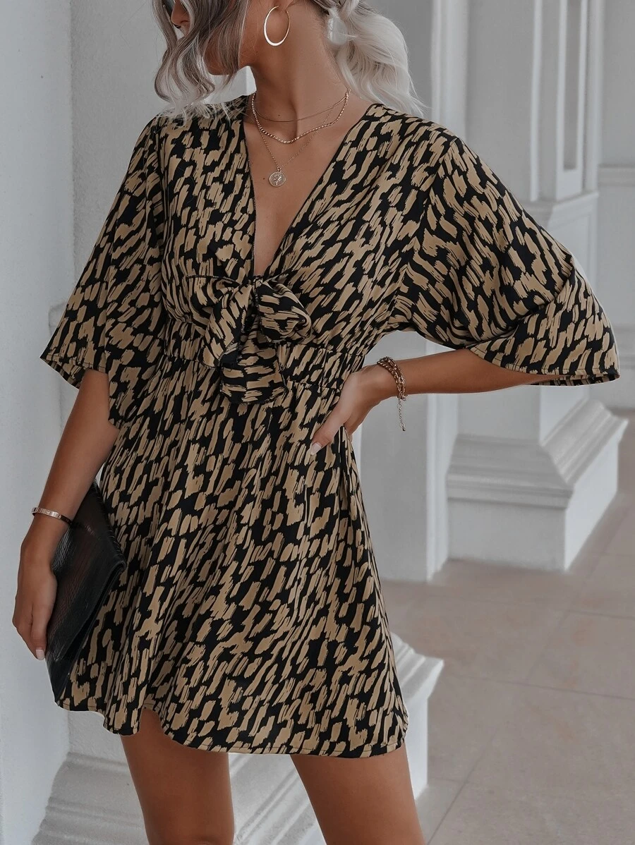 SHEIN LUNE Allover Print Tie Front Dress - Multicolor - View 1