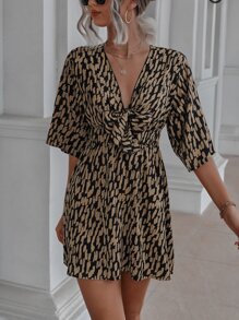 SHEIN LUNE Allover Print Tie Front Dress - Multicolor - View 4