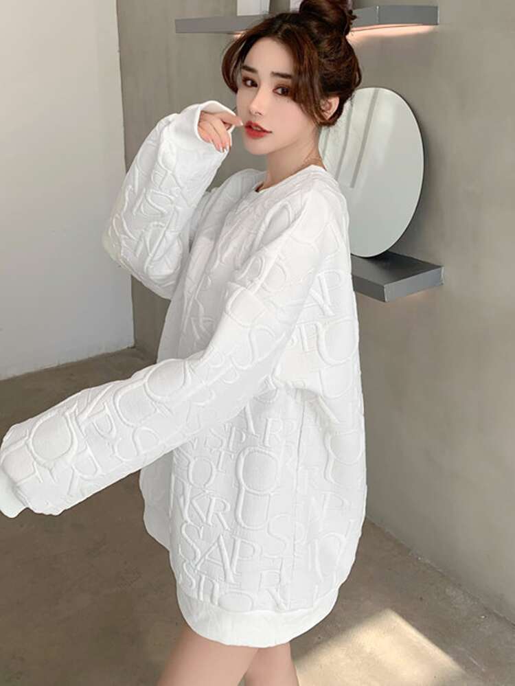 Áo chui đầu oversize vai trễ in chữ nổi, dành cho cả nam và nữ - trắng - Xem 4