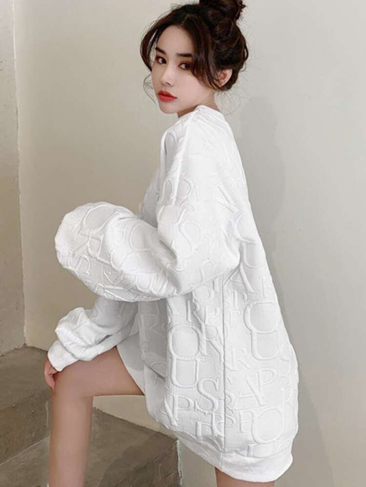 Áo chui đầu oversize vai trễ in chữ nổi, dành cho cả nam và nữ - trắng - Xem 5