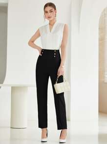 Modelyn Quần nữ Nút đôi Dây kéo màu trơn Thanh lịch - màu đen - Xem 3