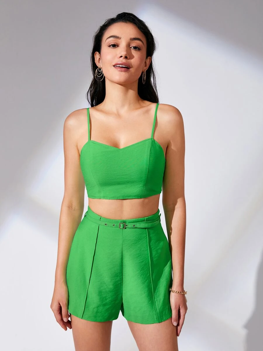BizChic Solid Cami Top & Belted Shorts Set - Green - View 1