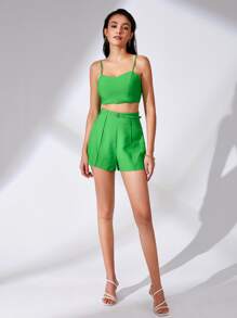 BizChic Solid Cami Top & Belted Shorts Set - Green - View 5