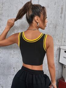 Letter Graphic Stripe Trim Crop Tank Top - Black - View 2