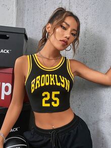 Letter Graphic Stripe Trim Crop Tank Top - Black - View 3