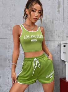 con estampado de letra Top tank & de cintura con cordón Shorts deportivos - Verde Lima - Ver 1