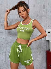 con estampado de letra Top tank & de cintura con cordón Shorts deportivos - Verde Lima - Ver 3