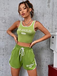 con estampado de letra Top tank & de cintura con cordón Shorts deportivos - Verde Lima - Ver 4