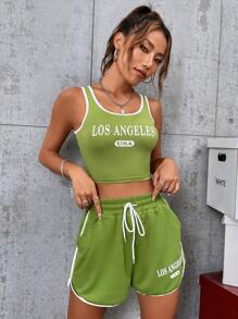 con estampado de letra Top tank & de cintura con cordón Shorts deportivos - Verde Lima - Ver 6