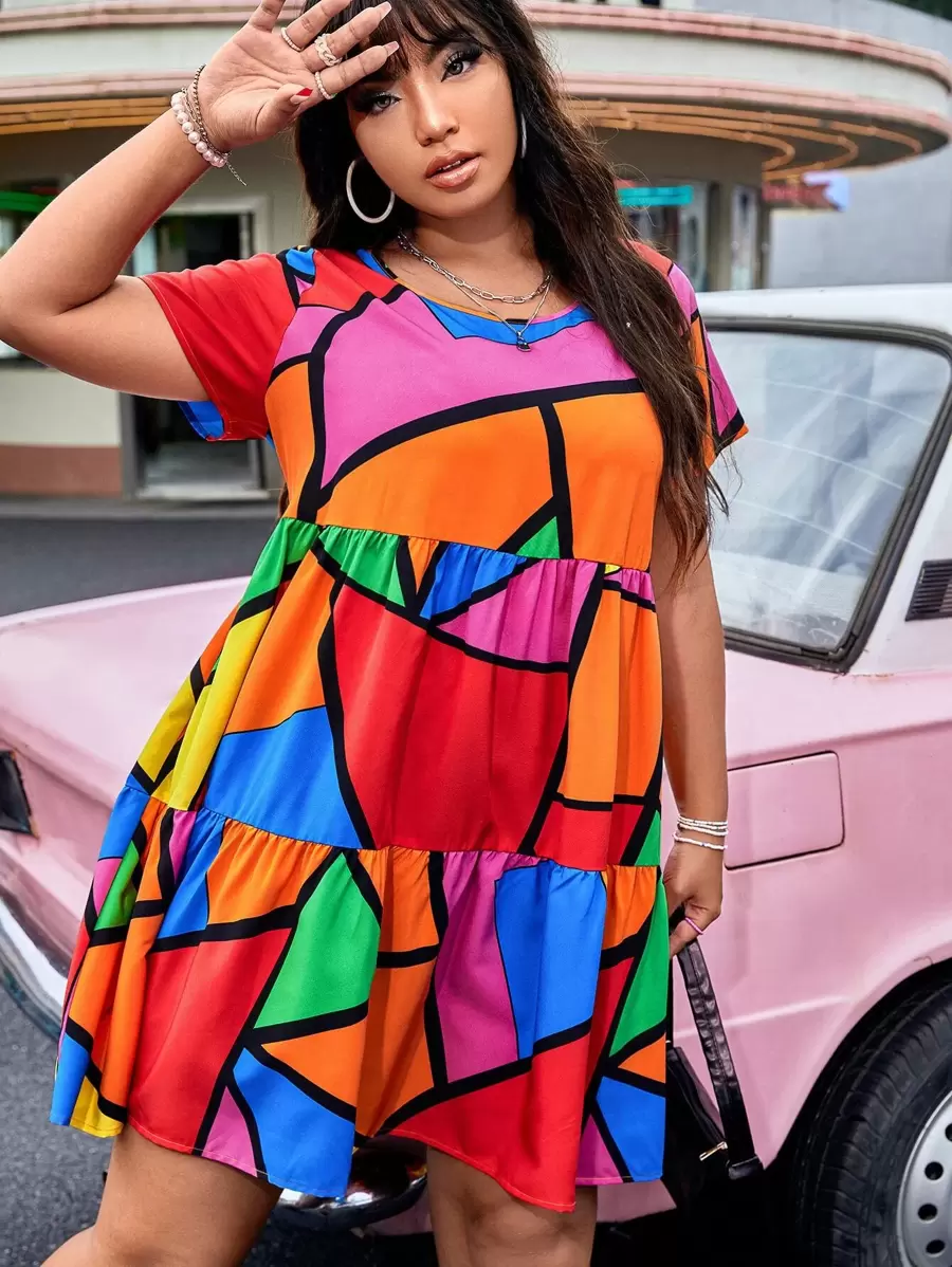 SHEIN EZwear 大碼幾何印花娃娃裙 - 彩色 - 查看 1