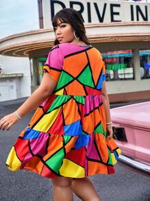 SHEIN EZwear 大碼幾何印花娃娃裙 - 彩色 - 查看 2