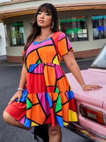 SHEIN EZwear 大碼幾何印花娃娃裙 - 彩色 - 查看 3