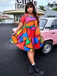 SHEIN EZwear 大碼幾何印花娃娃裙 - 彩色 - 查看 6