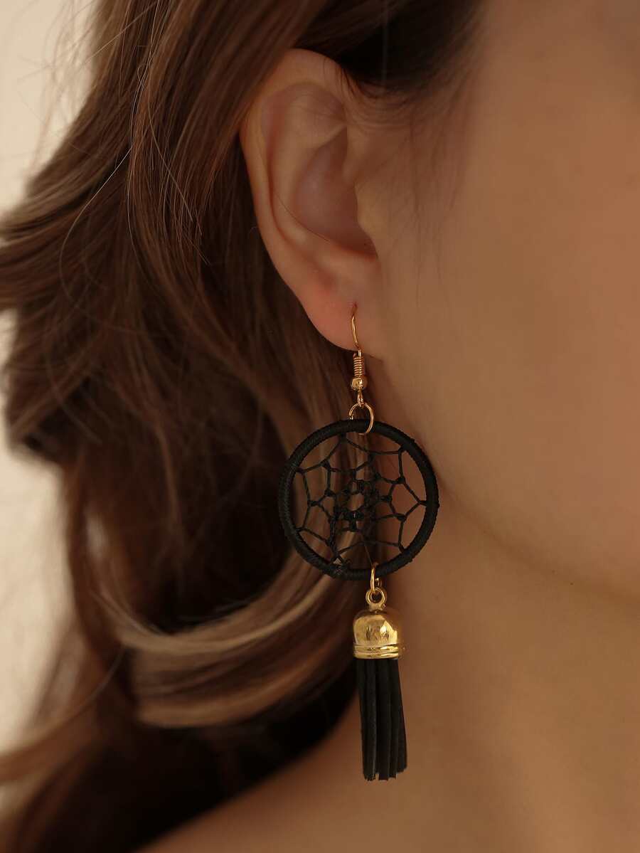 Tassel & Round Drop Earrings - Black - View 1