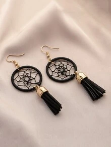 Tassel & Round Drop Earrings - Black - View 2