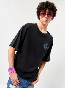 Manfinity VCAY 宽松男式标语印花棉质落肩T恤 - 黑色 - 查看 2