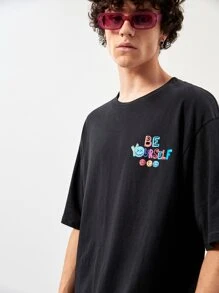 Manfinity VCAY 宽松男式标语印花棉质落肩T恤 - 黑色 - 查看 3