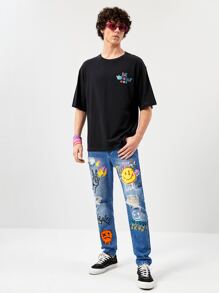 Manfinity VCAY 宽松男式标语印花棉质落肩T恤 - 黑色 - 查看 4