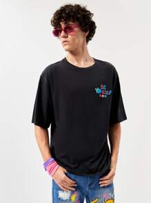 Manfinity VCAY 宽松男式标语印花棉质落肩T恤 - 黑色 - 查看 5