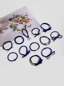 12pcs Bow & Faux Pearl Decor Hair Tie Ponytail ,Hair Elastics ,Hair Rubber Bands ,Scrunchies ,Hair Rope - Navy Blue - View 2