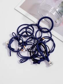 12pcs Bow & Faux Pearl Decor Hair Tie Ponytail ,Hair Elastics ,Hair Rubber Bands ,Scrunchies ,Hair Rope - Navy Blue - View 4