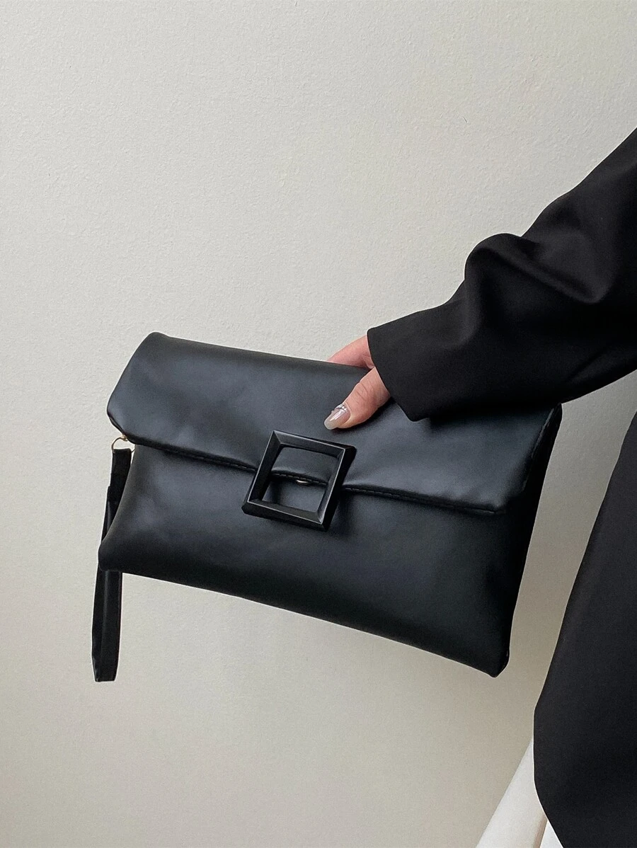 Bolso Rectangular Con Solapa, Un Color, Decoración Simple Y Con Correa De Muñeca Para Negocios, Viaje Diario, Trabajo Y Oficina - Negro - Ver 1