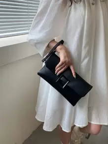 Bolso Rectangular Con Solapa, Un Color, Decoración Simple Y Con Correa De Muñeca Para Negocios, Viaje Diario, Trabajo Y Oficina - Negro - Ver 2