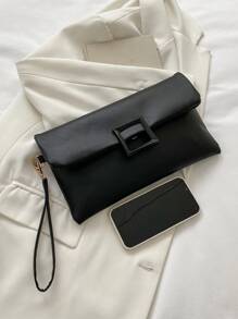 Bolso Rectangular Con Solapa, Un Color, Decoración Simple Y Con Correa De Muñeca Para Negocios, Viaje Diario, Trabajo Y Oficina - Negro - Ver 3