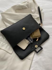 Bolso Rectangular Con Solapa, Un Color, Decoración Simple Y Con Correa De Muñeca Para Negocios, Viaje Diario, Trabajo Y Oficina - Negro - Ver 4