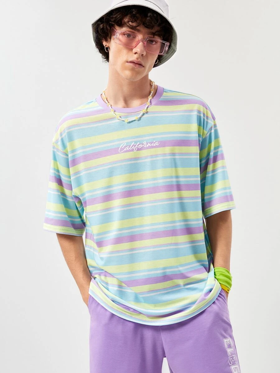 Manfinity VCAY Loose Fit Men's Colorful Striped & Letter Print Drop Shoulder T-Shirt - Multicolor - View 1