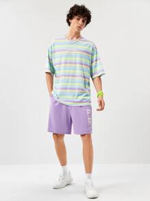 Manfinity VCAY Loose Fit Men's Colorful Striped & Letter Print Drop Shoulder T-Shirt - Multicolor - View 4