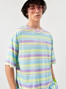 Manfinity VCAY Loose Fit Men's Colorful Striped & Letter Print Drop Shoulder T-Shirt - Multicolor - View 5