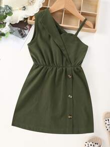 Niñitas Vestido unicolor de cuello asimétrico con botón delantero - Verde militar - Ver 1