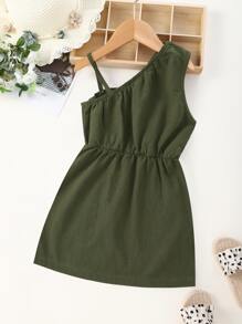 Niñitas Vestido unicolor de cuello asimétrico con botón delantero - Verde militar - Ver 2