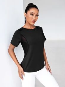 Easithlete Áo Tees & Tanks  Thể thao Nữ Tương phản Mesh cắt Lá thư - màu đen - Xem 3