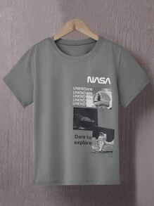 SHEIN Teenage Boys Graphic & Slogan Print T-Shirt, Casual Streetwear Style, Soft & Breathable - Grey - View 1